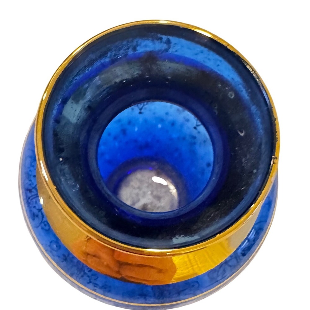 Vintage Cobalt Blue‎ Glass Vase with Gold Encrusted Floral Filigree 5.25in - Picture 5 of 10